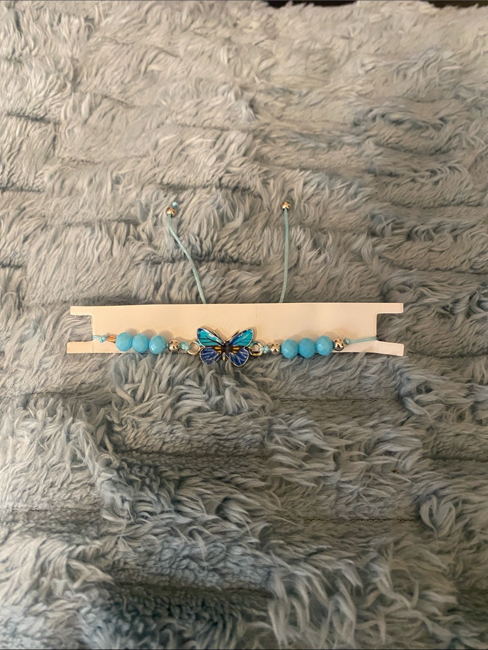 Light Blue Adjustable Butterfly Cord Bracelet with Silver& Bronze Beads One Size